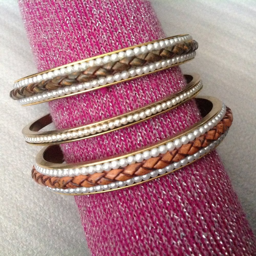 Vintage Set of 3 Leather & Faux Pearl Bangle Bracelets